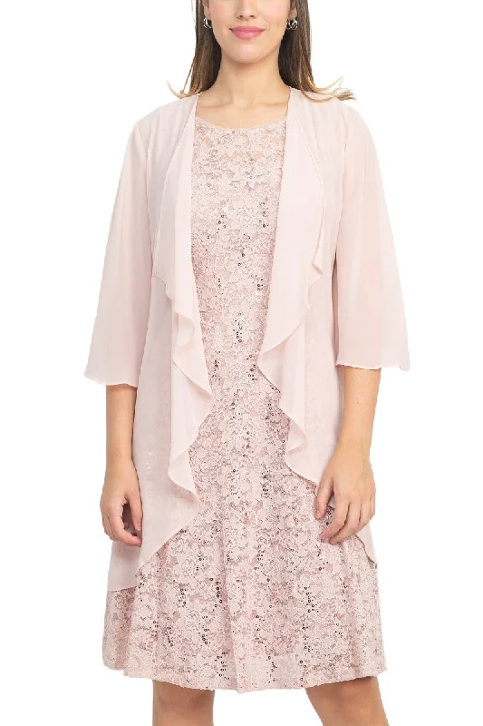 SL Fashion Boat Neck Sleeveless Embellished Fit & Flare Keyhole Back Zipper Back Lace Dress with Open Front Elbow Length Sleeve Cascade  Front Chiffon Jacket Knit Fabric Woven Fabric Fleece Fabric