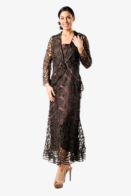 Soulmates D7069 Hand Crocheted Beaded Split Dress with Jacket Set Fleece Fabric Down Fabric Feather Fabric