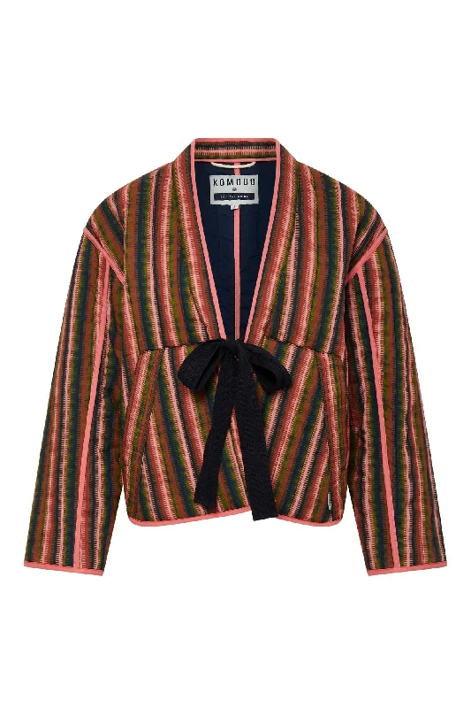 Weave Cotton Jacket Stripe Green A-Line Jacket Boat Neck Shawl Collar