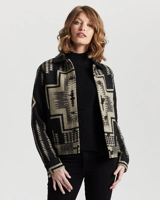 Willa Jacket<br>Black/Tan Harding Jacquard Notch Collar Peter Pan Collar Cowl Neck