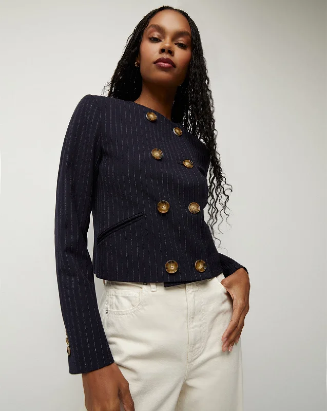 Winslow Pinstriped Collarless Jacket Satin Jacket Silk Jacket Chiffon Jacket