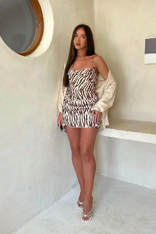 Beige Zebra Print Satin Lace Up Mini Dress - Daph Classic Striped Mini Dress