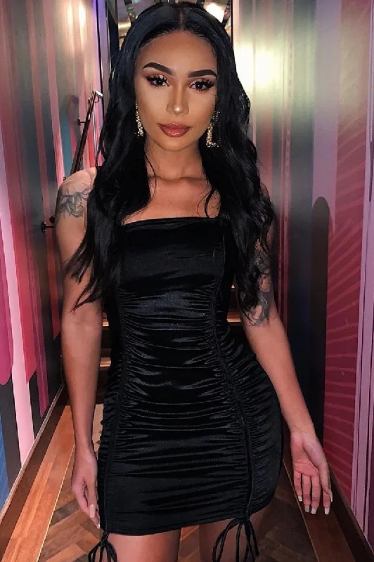 Black Satin Ruched Front Mini Dress - Delsie Cozy A-Line Mini Dress