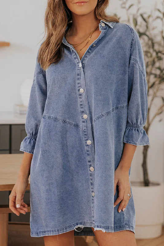 Blue Zone Planet |  Sky Blue Buttoned Long Sleeve Denim Mini Dress Trendy Lace Mini Dress