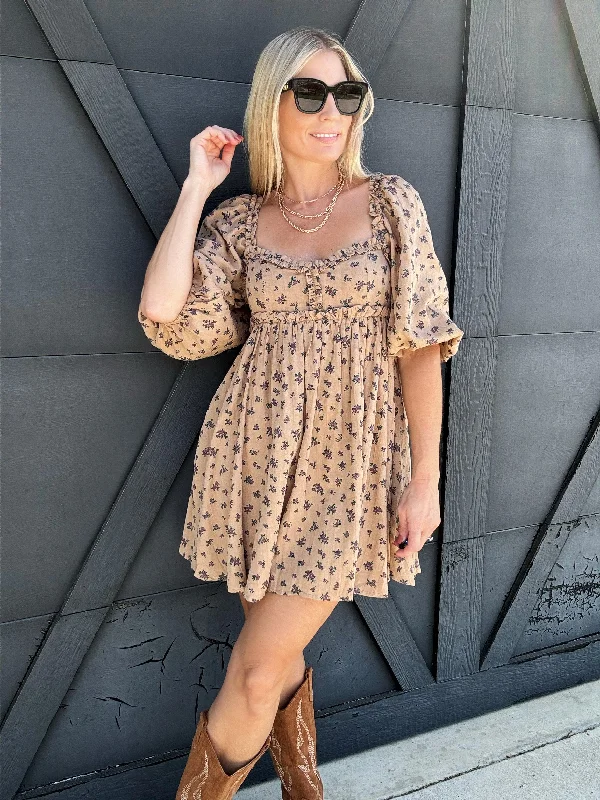 Bouquet Ruffled Baby Doll Mini Dress in Dark Beige Stylish Puff Sleeve Mini Dress