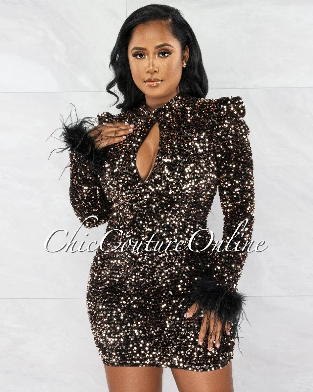 Claricia Black Velvet Gold Sequins Feather Cuffs Mini Dress Comfortable Boho Mini Dress