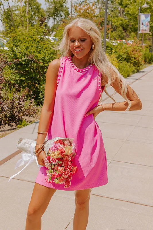 Cosmopolitans and Chit Chat Pearl Embellished Mini Dress in Fuchsia Chic Pleated Mini Dress