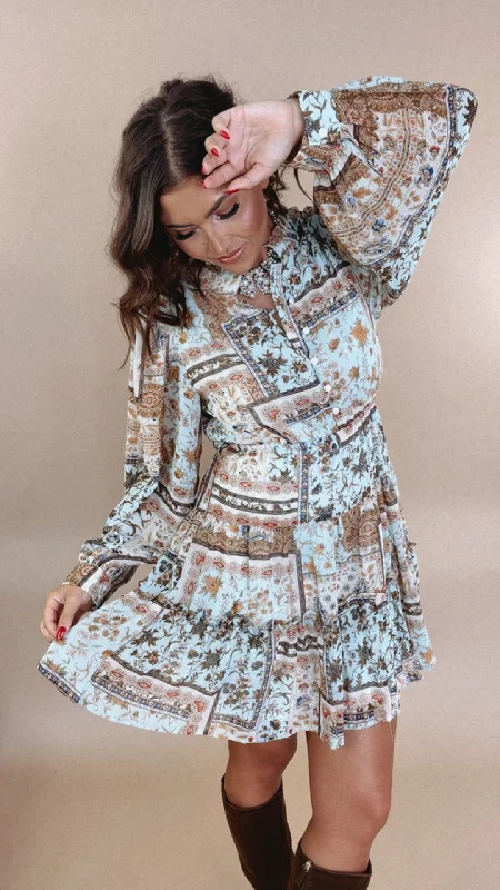 Daydream Patchwork Long Sleeve Mini Dress, Blue Classic Shift Mini Dress