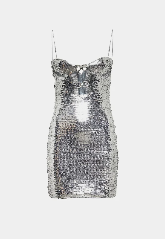 NENSI DOJAKA Draped Bra Mini Dress With Double Metal Ring - Metallic Silver Fashionable Summer Mini Dress