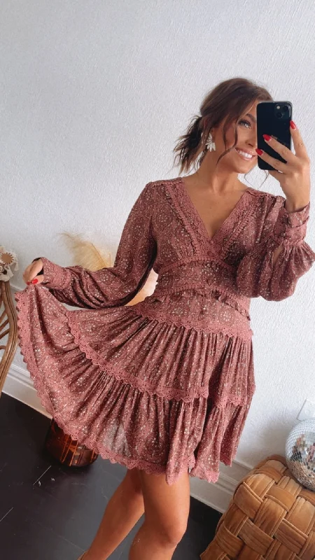 Effortless Charm Lace Tiered Mini Dress, Wine Elegant Velvet Mini Dress