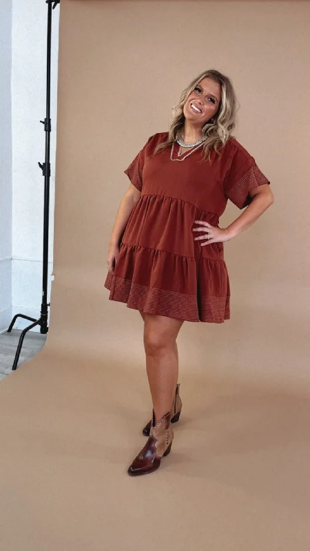 Emmy V Neck Embroidered Mini Dress, Rust Fashionable Mini Dress with Frills