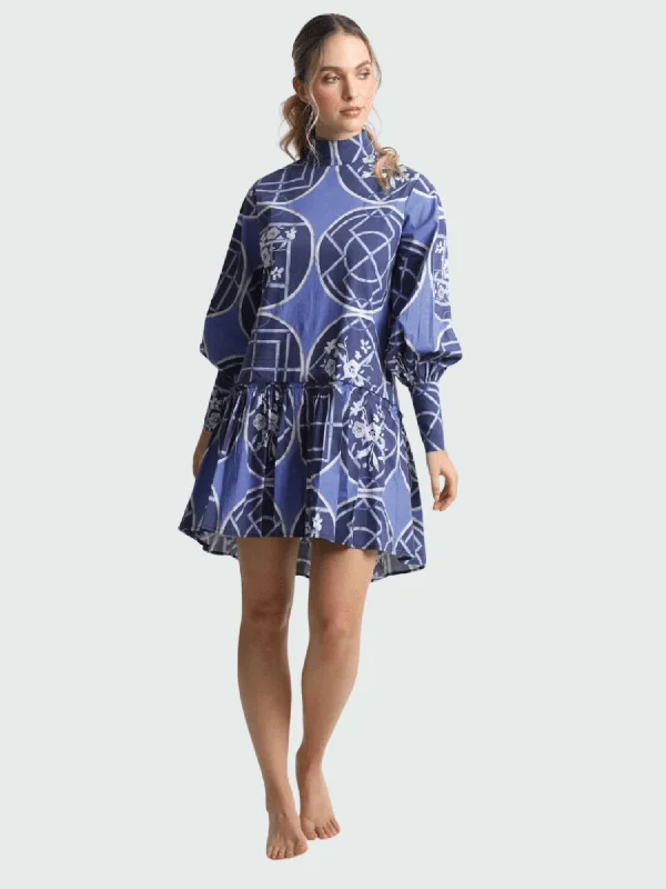 Fiona Mini Dress in Blue Circles Classic Floral Print Mini Dress