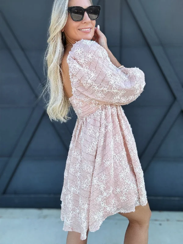 Floral Embroidered Baby Doll Mini Dress in Light Pink Fashionable Button-Front Mini Dress