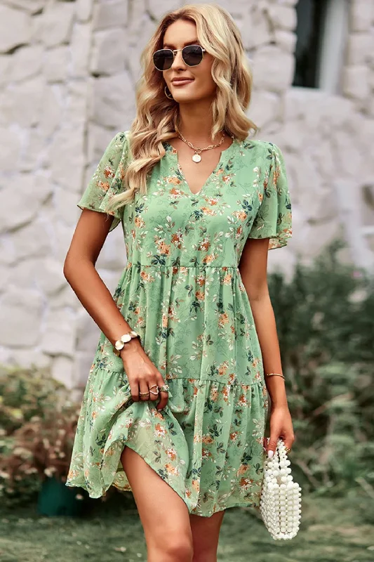 Floral Notched Flutter Sleeve Mini Dress Comfortable Casual Mini Dress