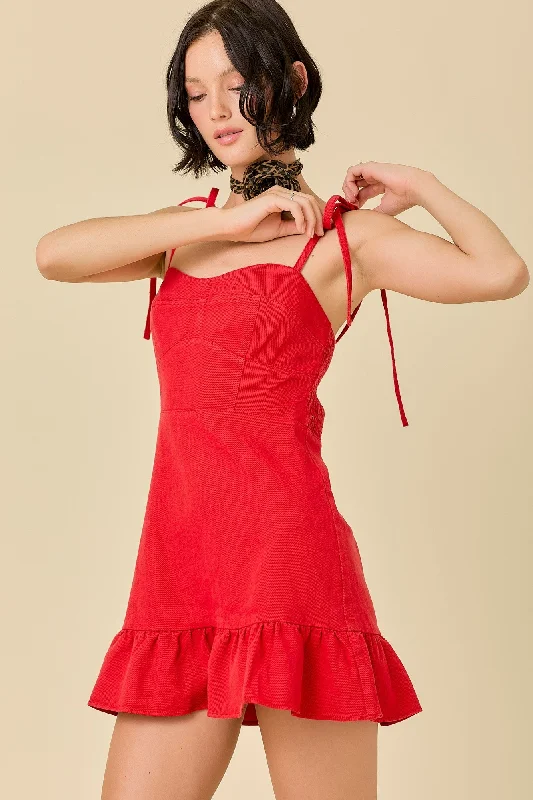 Game Day Denim Mini Dress In Red Stylish Short-Sleeve Mini Dress