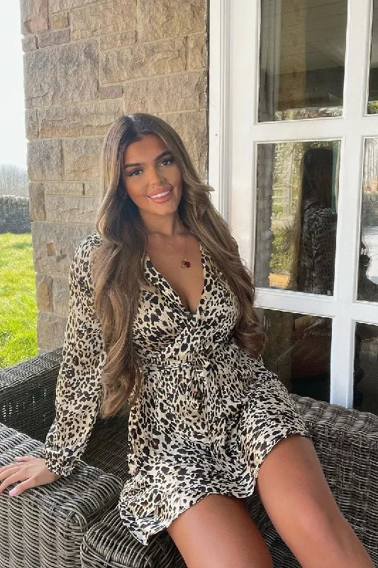 Leopard Satin Frill Hem Wrap Mini Dress - Debbie Stylish Spaghetti Strap Mini Dress