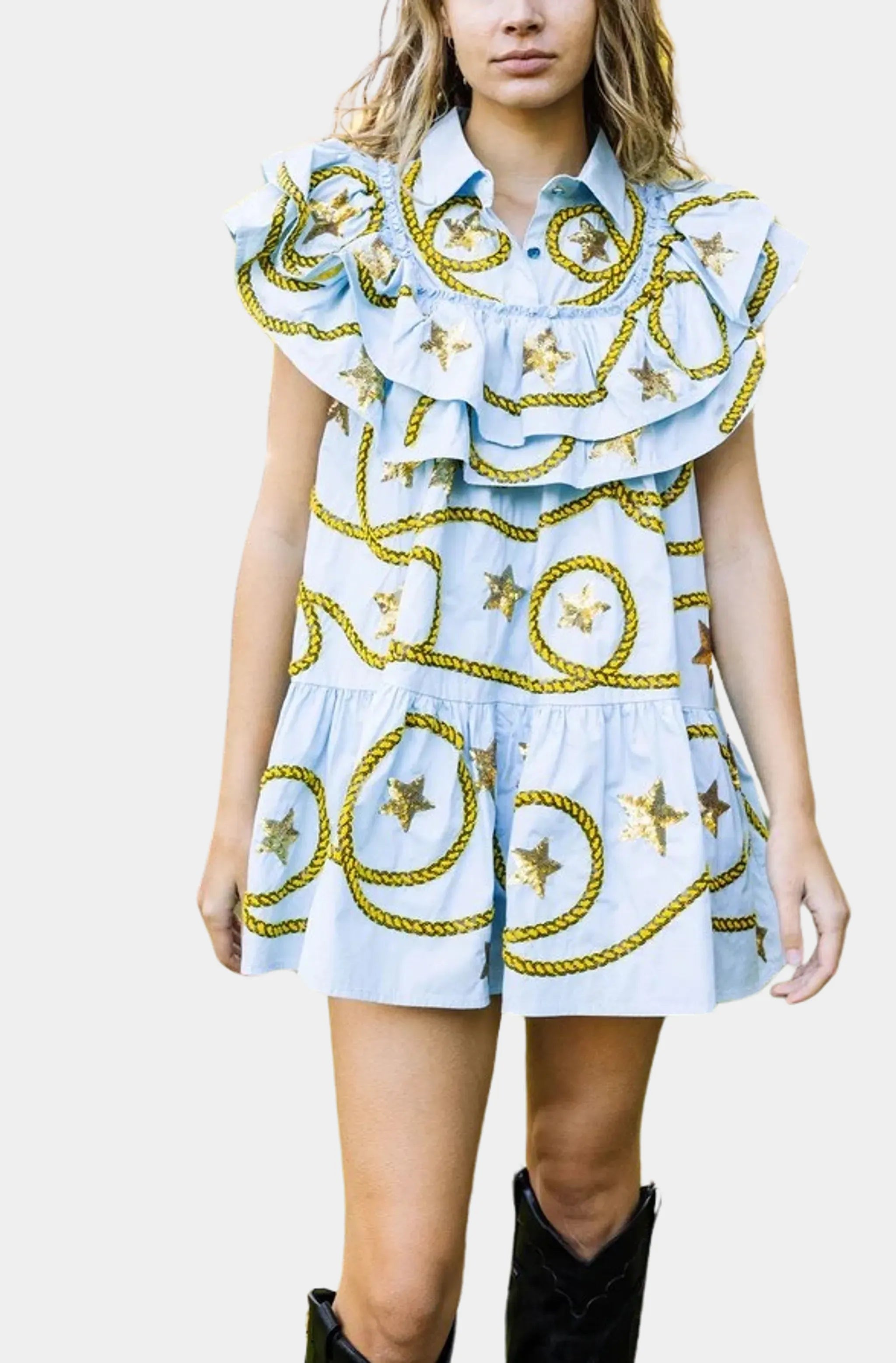 Light Blue Star & Rope Ruffle Mini Dress Elegant Mini Dress with Pleats