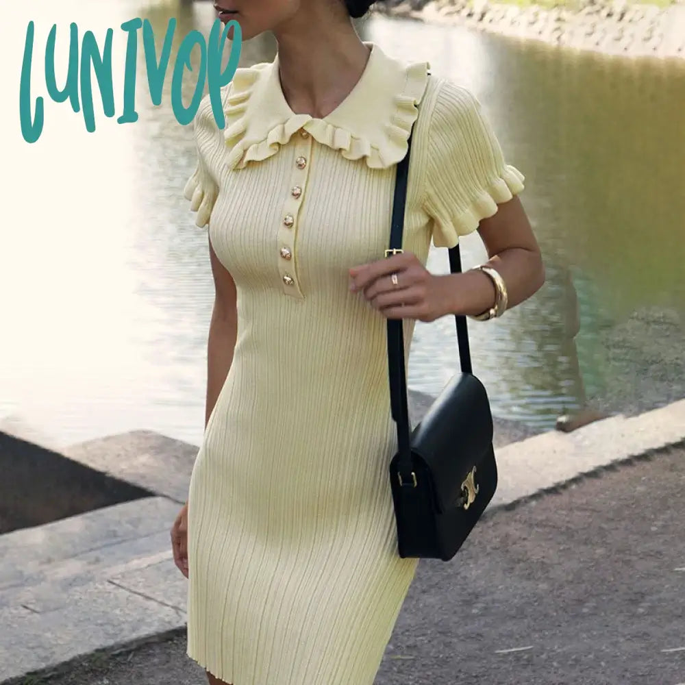 Lunivop High Waist Ruffled Mini Dresses For Women Summer Short Sleeve Knitted Slim Fit Dress Women's Vintage Dress Woman Elegant Elegant Lace-Up Mini Dress