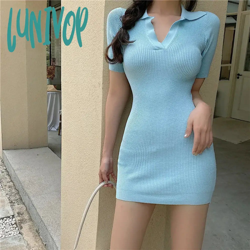 Lunivop Korean Summer Dress Women Casual Polo Collar Short Sleeve Mini Dress Slim Sheath Knit Dresses Vestidos Elegantes Para Mujer Stylish Button-Down Mini Dress