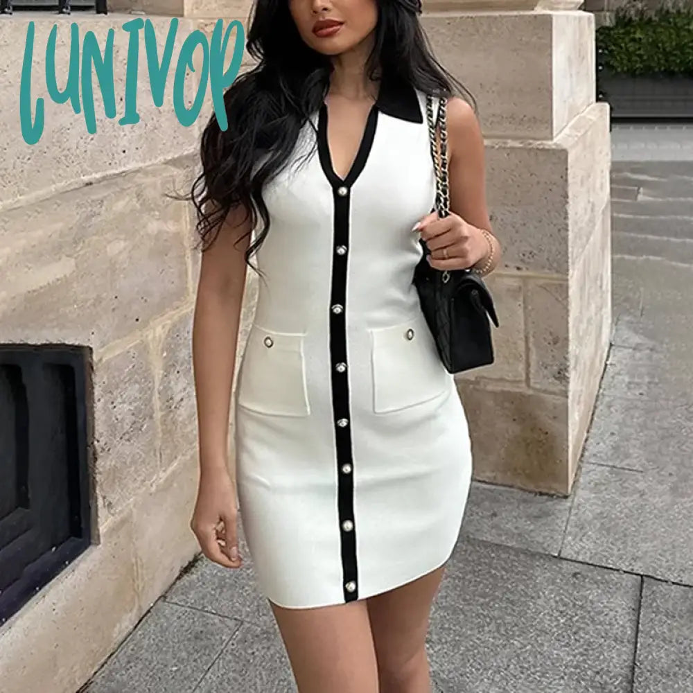 Lunivop Summer New Sleeveless Knitted Mini Dress For Women Contrast Color Slim Dress Knitwear Single Breasted With Pocket Female Trendy Off-Shoulder Dress Mini