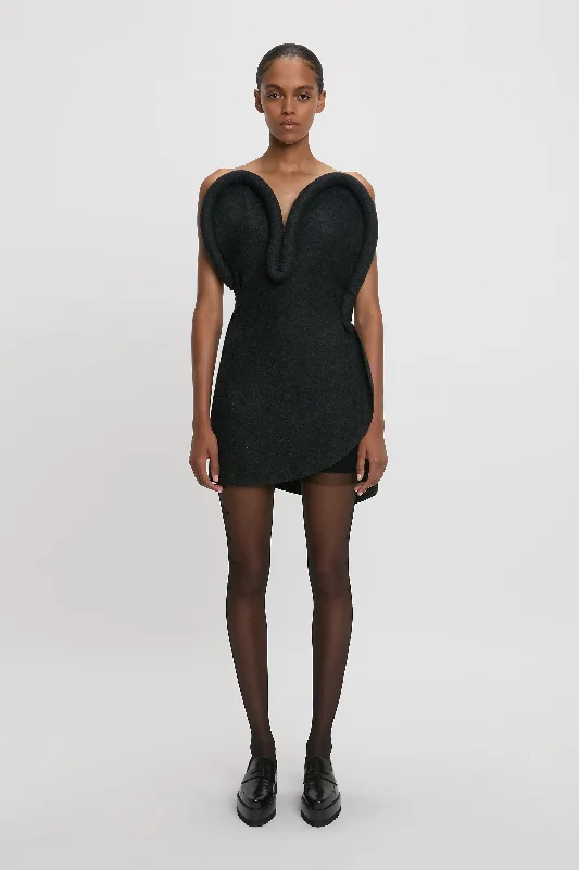 Padded Tube Detail Heart Mini Dress In Charcoal Comfortable Boho Mini Dress