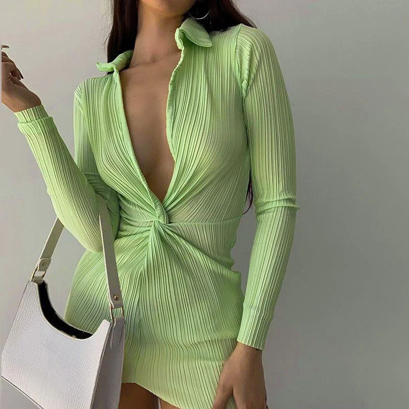 Palm Ribbed Deep V Twist Long Sleeves Mini Dress Elegant Satin Lace Mini Dress