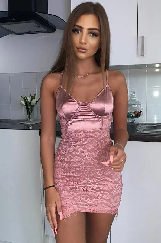Pink Satin Lace Insert Bodycon Mini Dress - Cashlyn Stylish Spaghetti Strap Mini Dress