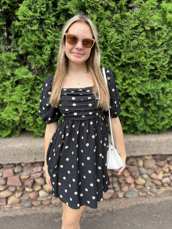 Polka Dot Balloon Sleeve Pleated Mini Dress Elegant Velvet Mini Dress
