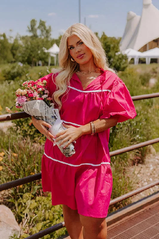 Porch Swing Sippin' Mini Dress in Hot Pink Curves Comfortable Zip-Up Mini Dress