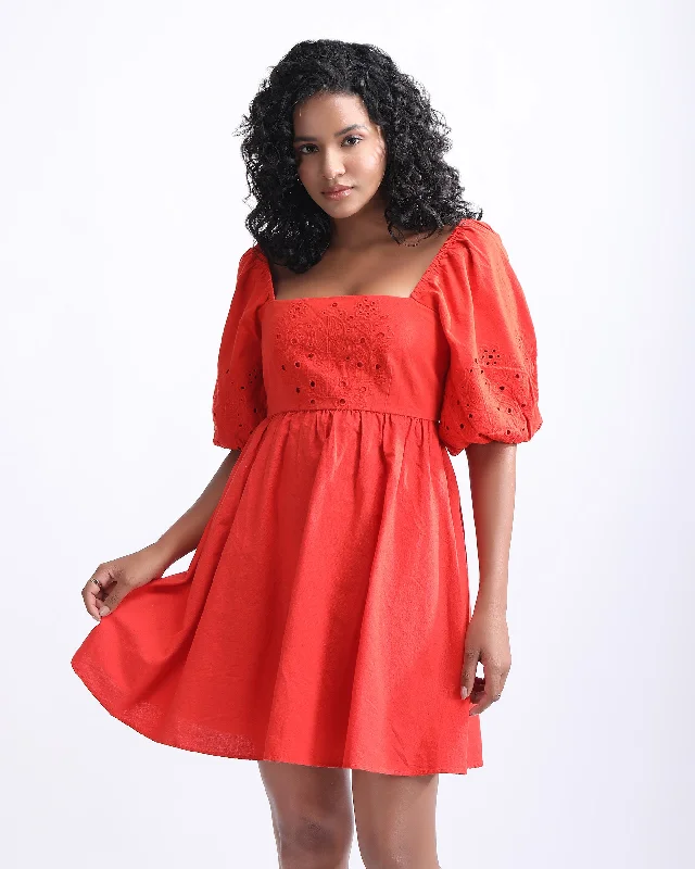 SCHIFFLI PUFF SLEEVES MINI DRESS Chic Pleated Mini Dress