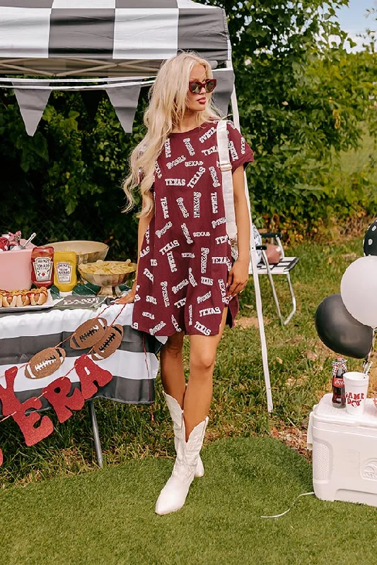 School Spirit Sequin Embroidered Mini Dress in Texas Maroon Comfortable Boho Mini Dress