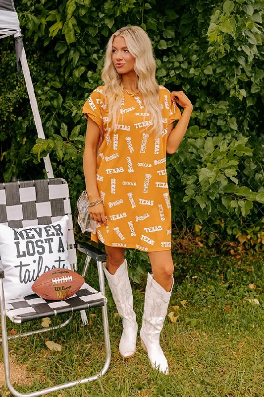 School Spirit Sequin Embroidered Mini Dress in Texas Rust Fashionable Pleated Mini Dress