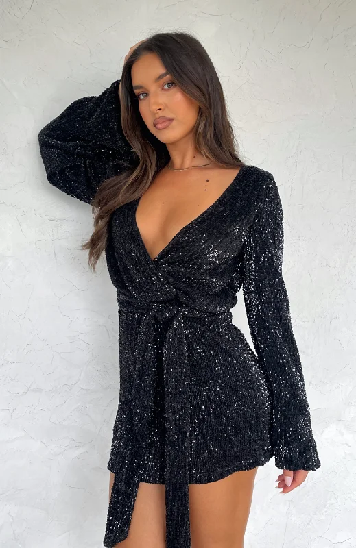 Stars Shining Long Sleeve Mini Dress Black Stylish Button-Down Mini Dress