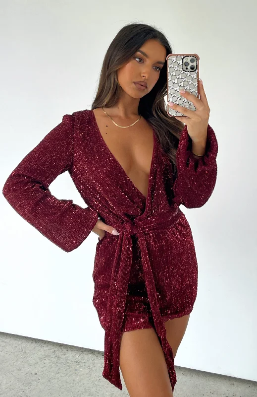 Stars Shining Long Sleeve Mini Dress Red Wine Stylish Short-Sleeve Mini Dress