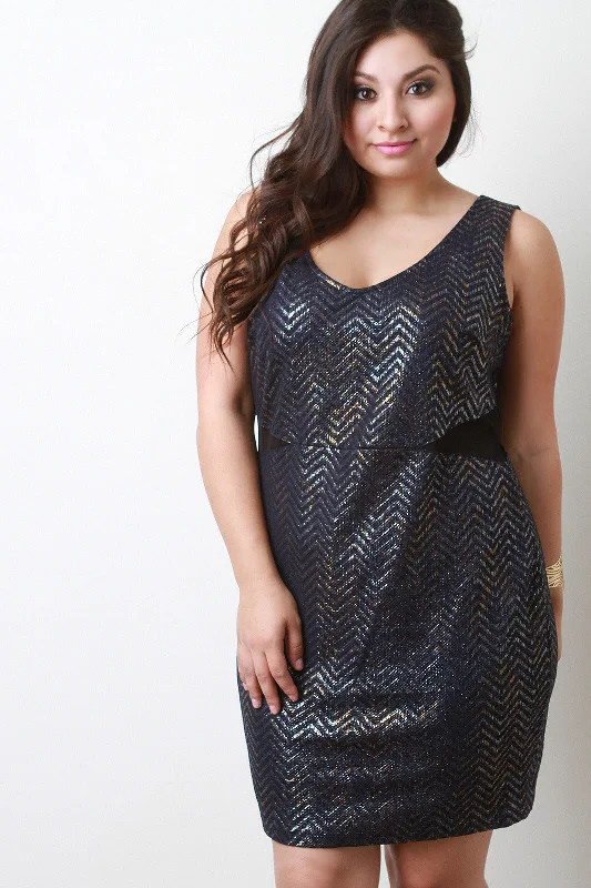 Metallic Chevron Mesh Panel Mini Dress Chic Mini Dress with V-Neck