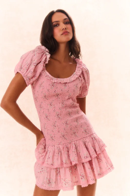 Violet Floral Cotton Smocked Drop Waist Mini Dress Casual High-Waist Mini Dress