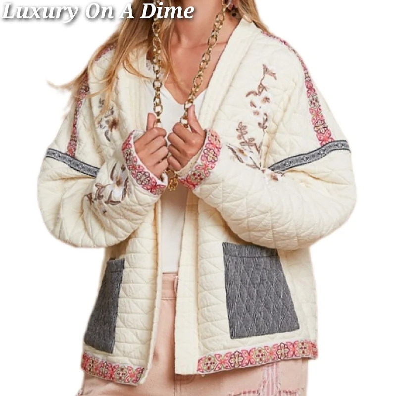 POL Quilted Granny Floral Embroidered Patchwork Oversized Pocket Bohemian Jacket Mesh Jacket Canvas Jacket Denim Jacket