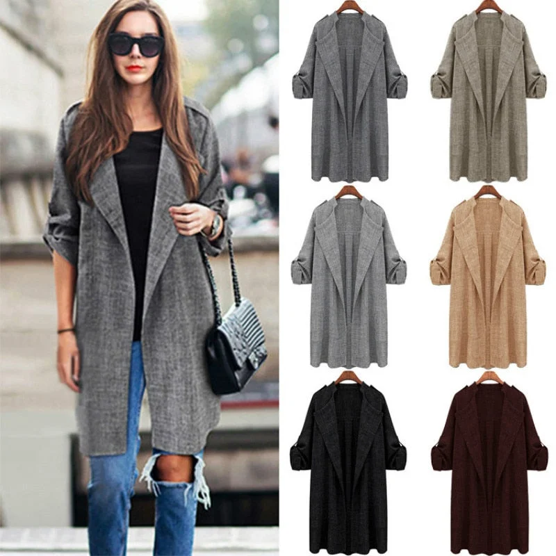 2019 Spring Korean Women Windbreaker Loose Long Sleeve Jacket Solid Long Coat Overcoat Elegant Office Ladies Large Size 3xl 5xl Welt Pockets Slit Pockets Flap Pockets