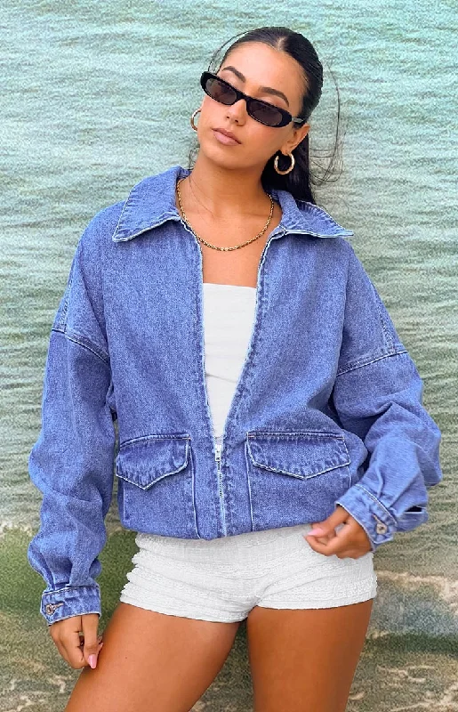 Abigail Mid Wash Denim Bomber Jacket Snapped Jacket Toggled Jacket Drawstring Jacket