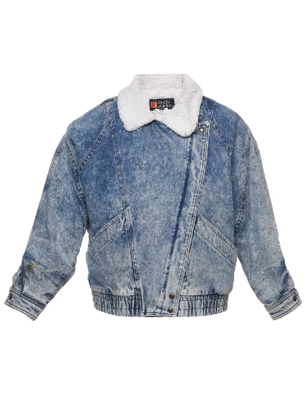 Acid Wash Shearling Denim Jacket - M Zippered Front Buttoned Front Snap Front