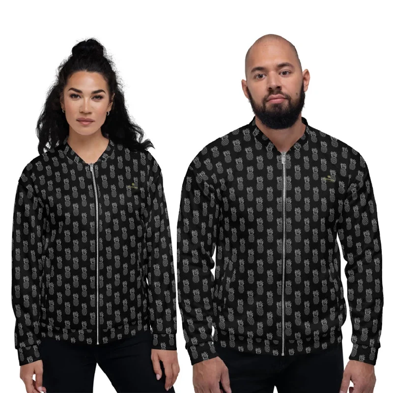 Black Pineapple Bomber Jacket, Modern Unisex Jacket For Men/Women With Pockets - Made in USA/ MX/ EU Satin Jacket Silk Jacket Chiffon Jacket