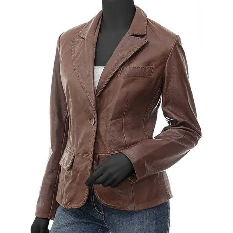 Brown Leather Blazer Jacket for Women Fleece Fabric Down Fabric Feather Fabric