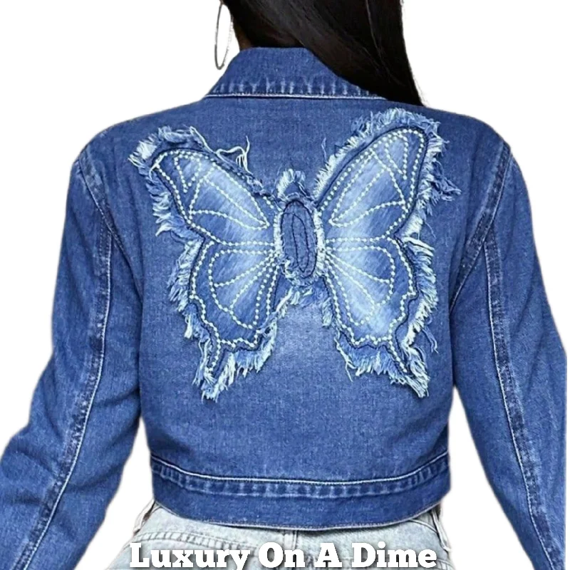 Butterfly Cropped Distressed Frayed Denim Collar Button-Up Pocket Jean Jacket Welt Pockets Slit Pockets Flap Pockets