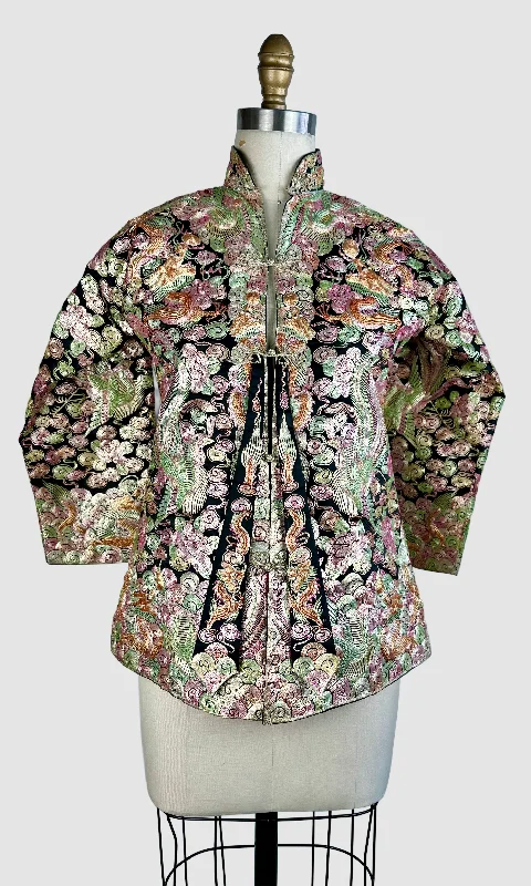 CHINESE EMBROIDERED Vintage 30s Wedding Jacket • X-Small Front Pockets Side Pockets Patch Pockets