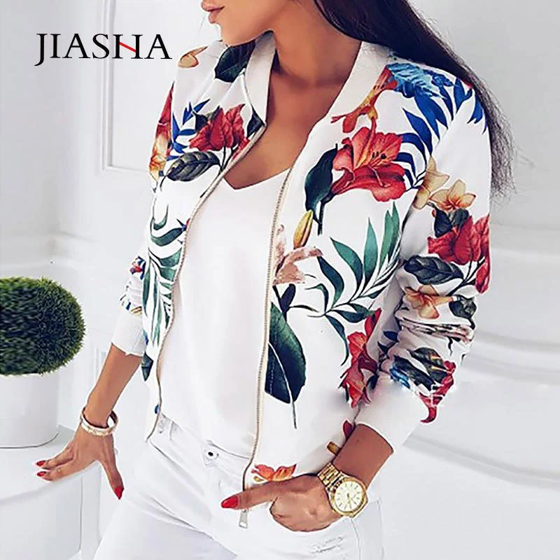 Jacket women coat 2019 spring autumn windbreaker women bomber jacket zipper flowers print outwear jacket coat women's clothing Boat Neck Shawl Collar Notched Collar