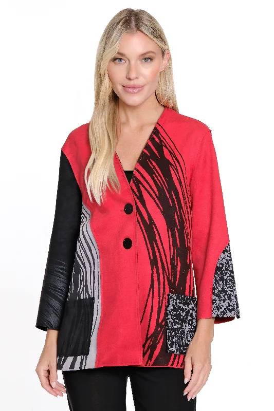 Knit Faux Suede Button Front Jacket - Red Print A-Line Jacket Boat Neck Shawl Collar