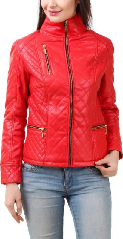 Koza Leathers Women's Real Lambskin Leather Bomber Jacket KW404 One-Shoulder Jacket Off-the-Shoulder Jacket Asymmetrical Jacket