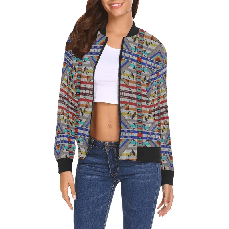 Medicine Blessing White All Over Print Bomber Jacket for Women Front Pockets Side Pockets Patch Pockets