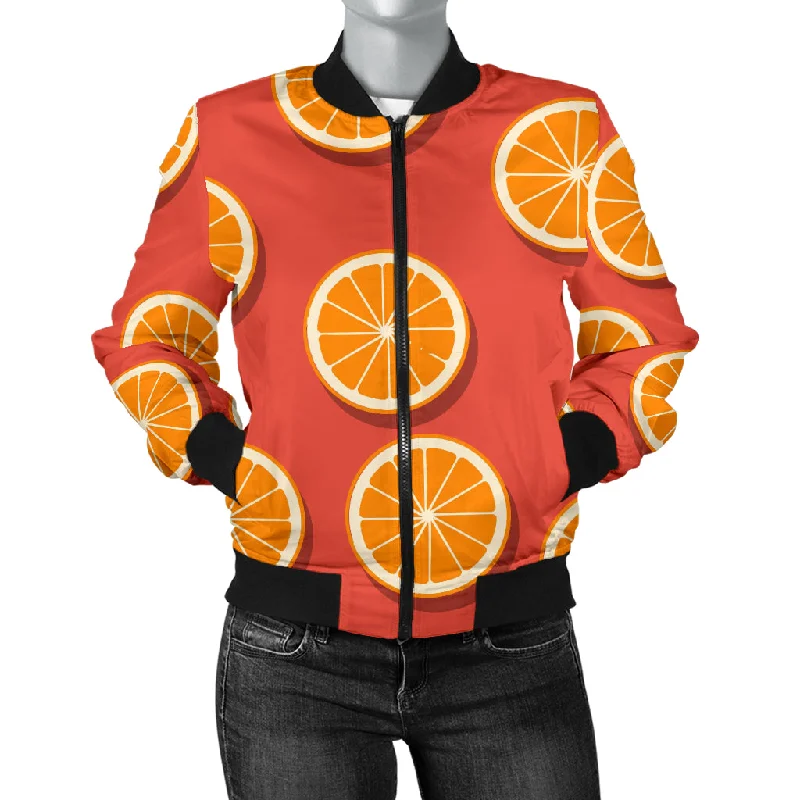 Oranges Pattern Red Background Women'S Bomber Jacket Striped Jacket Polka Dot Jacket Floral Jacket