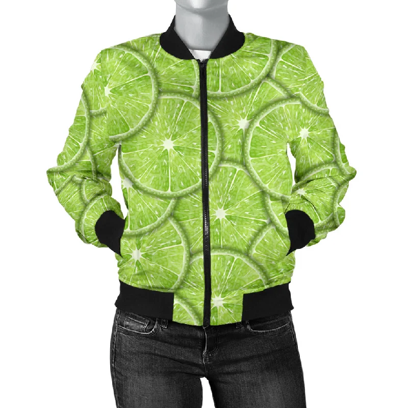 Slices Of Lime Pattern Women'S Bomber Jacket Ribbed Jacket Pleated Jacket Ruffled Jacket